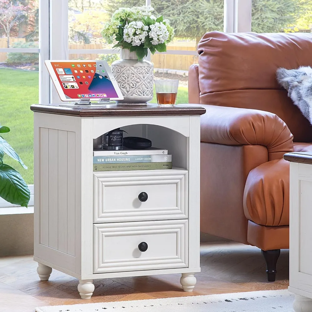 

18" Farmhouse Night Stand with Charging Station, White Wood Nightstand with 2 Drawers, Bedside End Table with Shelf Storage, Bed