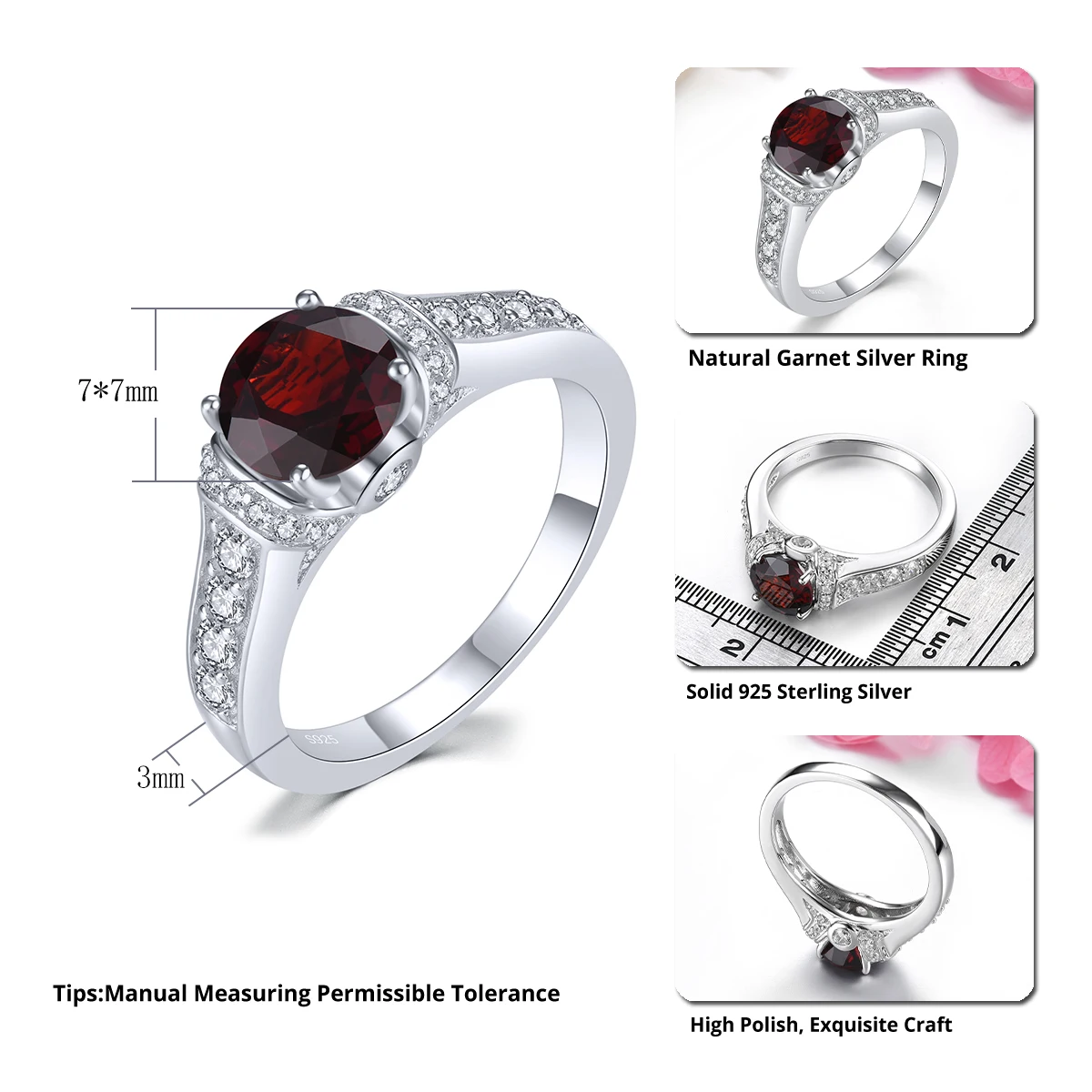 Natural Red Garnet Sterling Silver S925 Rings 1.5 Carats Professional Round Faced Cutting Gemstone Women Classic Fine Jewelrys