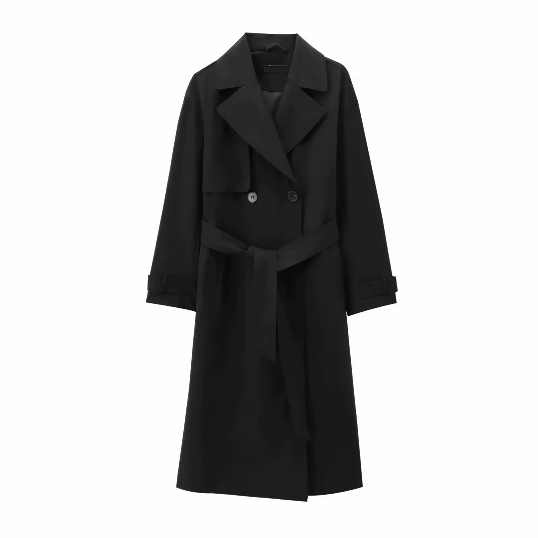 Tangada 2024 Women Black Classic Trench Coat with Belt Elegant Female Windbreak 3H855