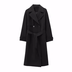 Tangada 2024 Women Black Classic Trench Coat with Belt Elegant Female Windbreak 3H855