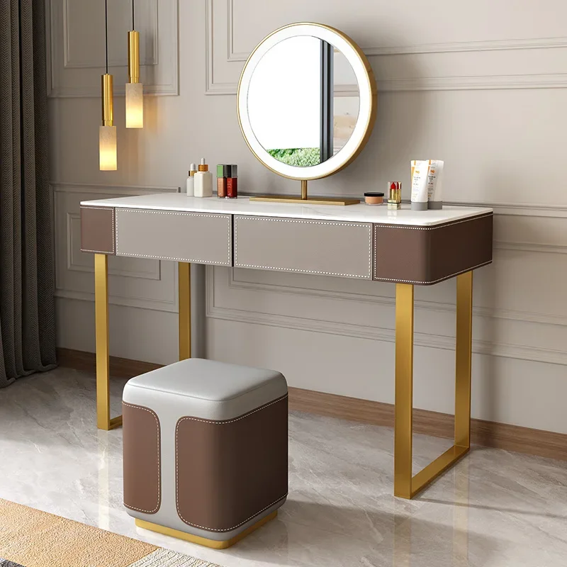 Cômoda dourada estética de couro, luxo, penteadeira, espelho, madeira, moderna, móveis para quarto