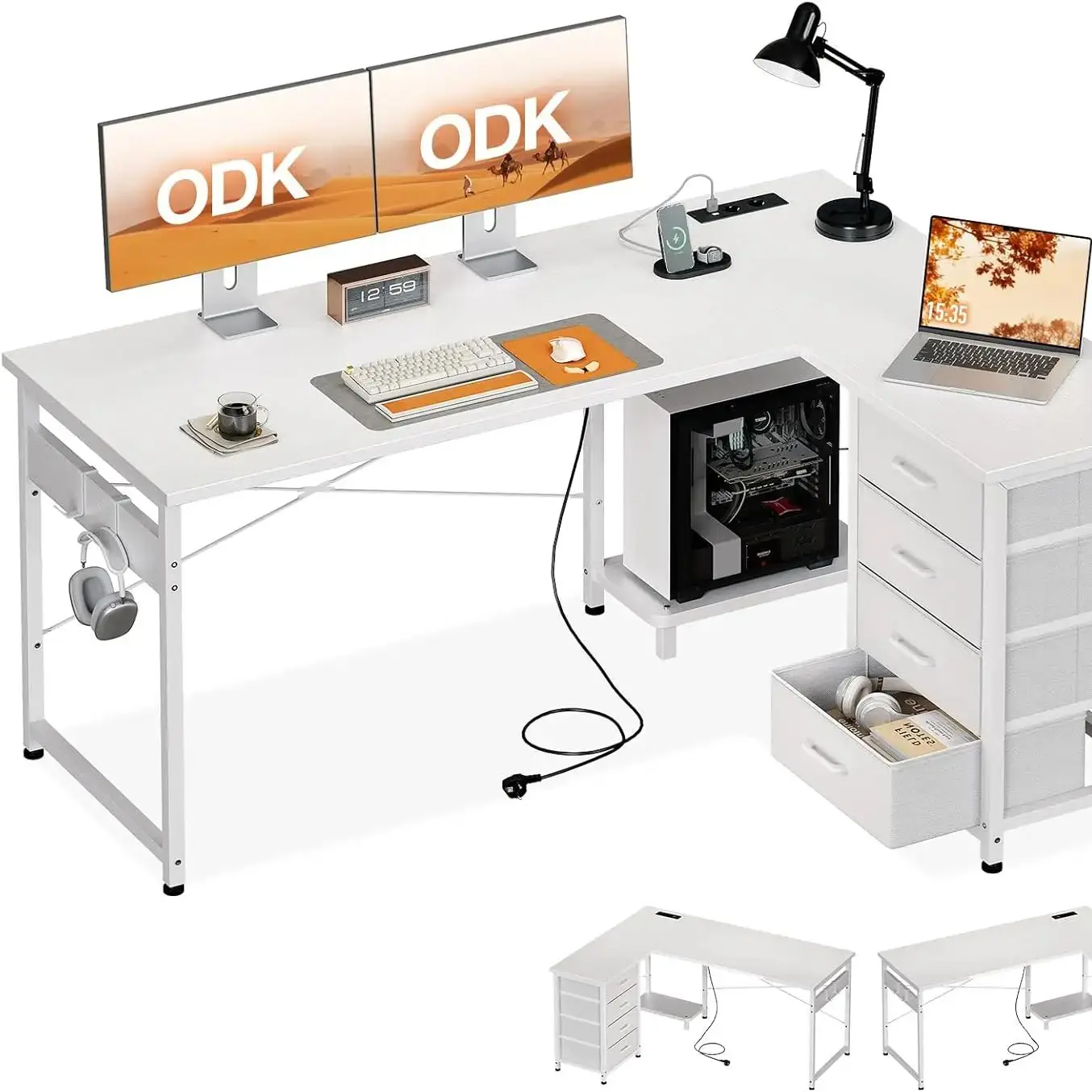 Colehome Eckschreibtisch mit 4 Schubladen, umkehrbarer Schreibtisch mit Stauraum für das Home Office, 135 × 100 cm Bianco