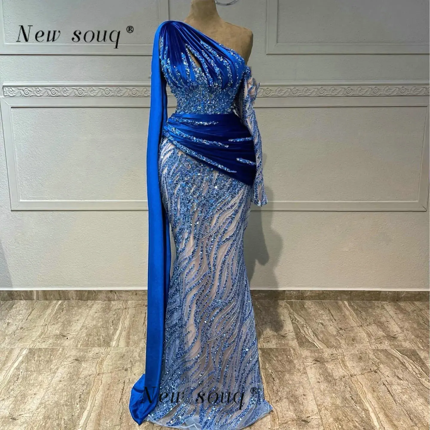 Vestidos de Noche de sirena de un hombro azul real, vestidos formales con lentejuelas para mujer, segunda recepción, cumpleaños, compromiso, eventos, fiesta
