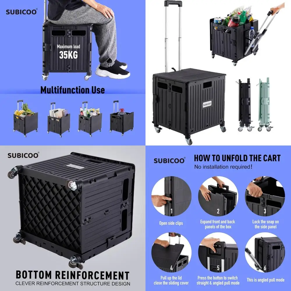 

Collapsible Rolling Cart with Lid, 4-Wheel Utility Handcart for Grocery, Shopping, Office, and More (Black)