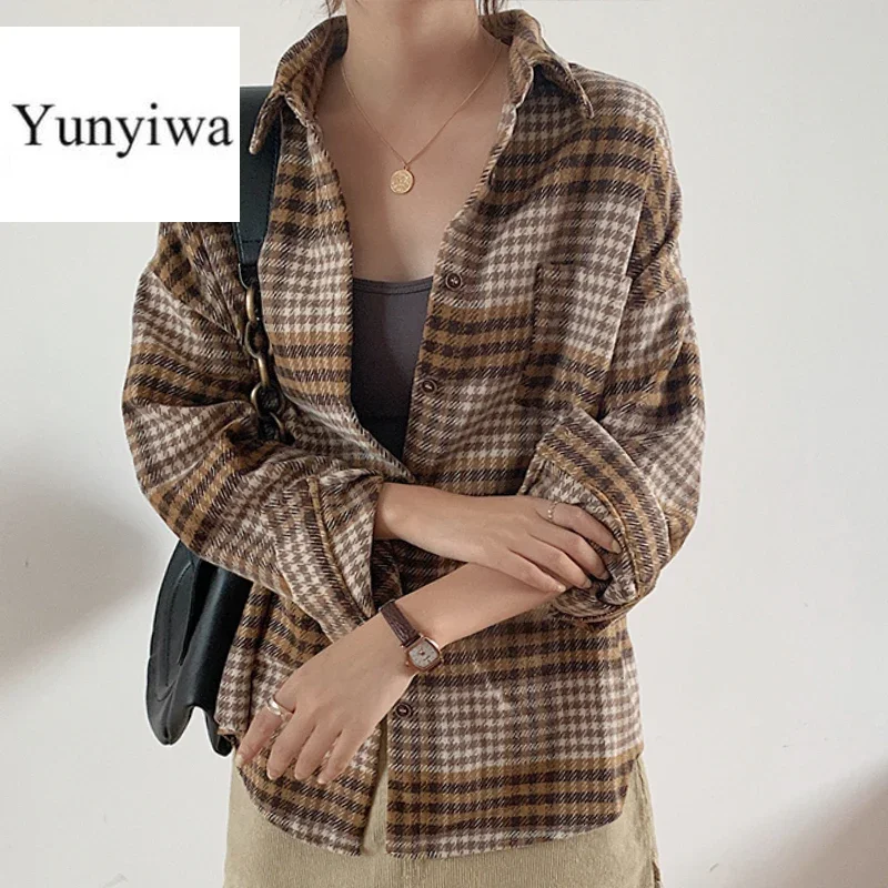 Winter Women Vintage Oversize Woolen Plaid Shirt Pockets Batwing Sleeve Turn-Down Collar Thick Blouse Autumn Casual Warm Outwear