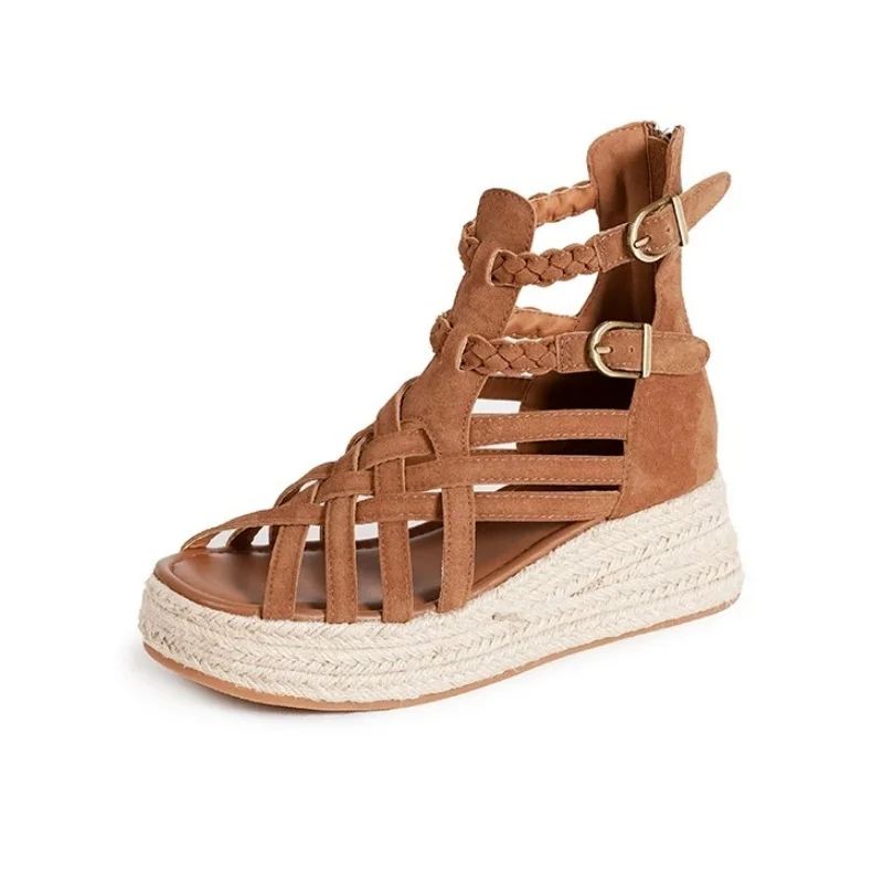 Wedges Shoes For Women Retro Round Toe Thick Bottom Fashion Straw Female Roman Casual Sandals Summer Breathable Ladies Shoes