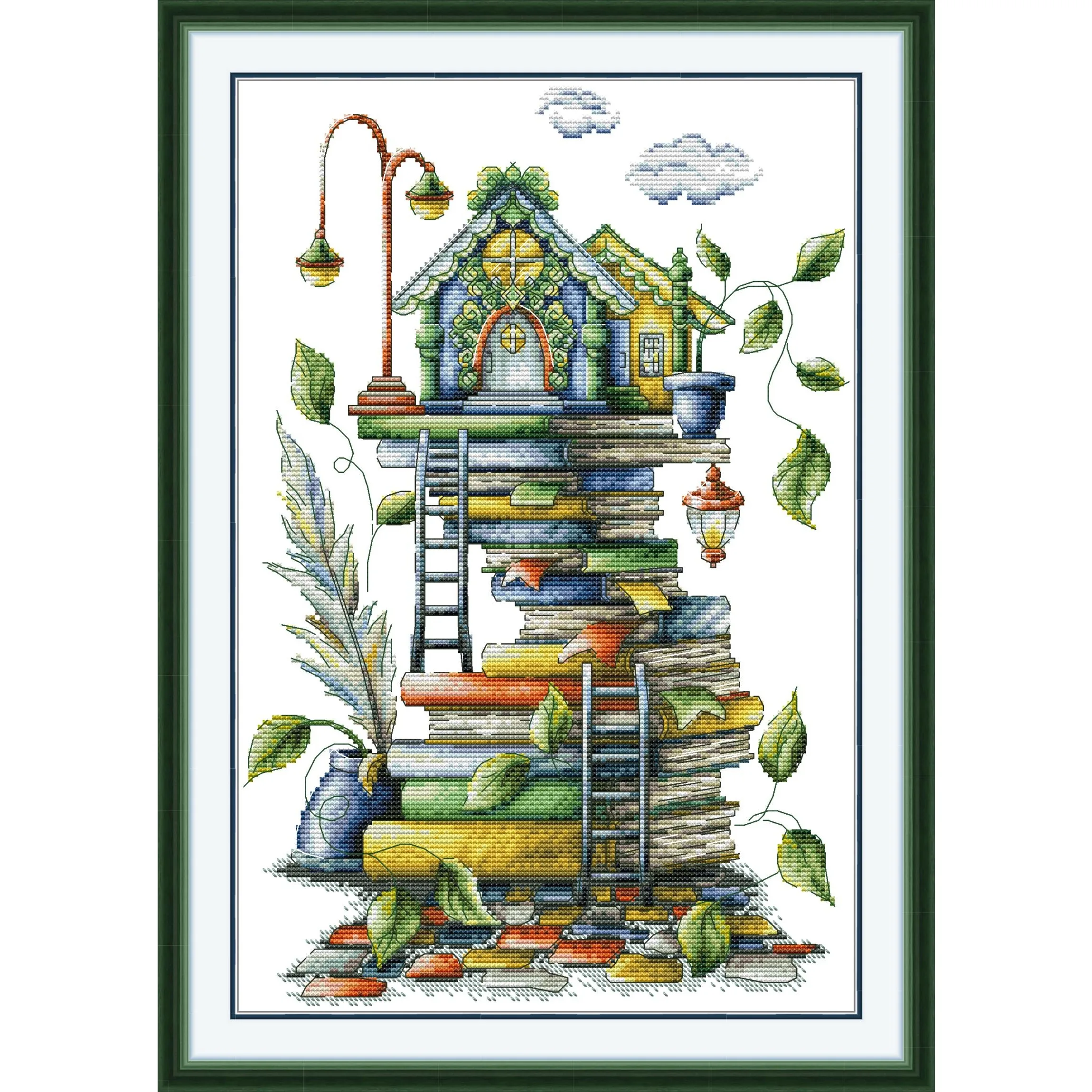 Joy Sunday Kit de punto de cruz preimpreso Patrón fácil Conjunto de bordado de tela estampada Aida: La casita en las pilas