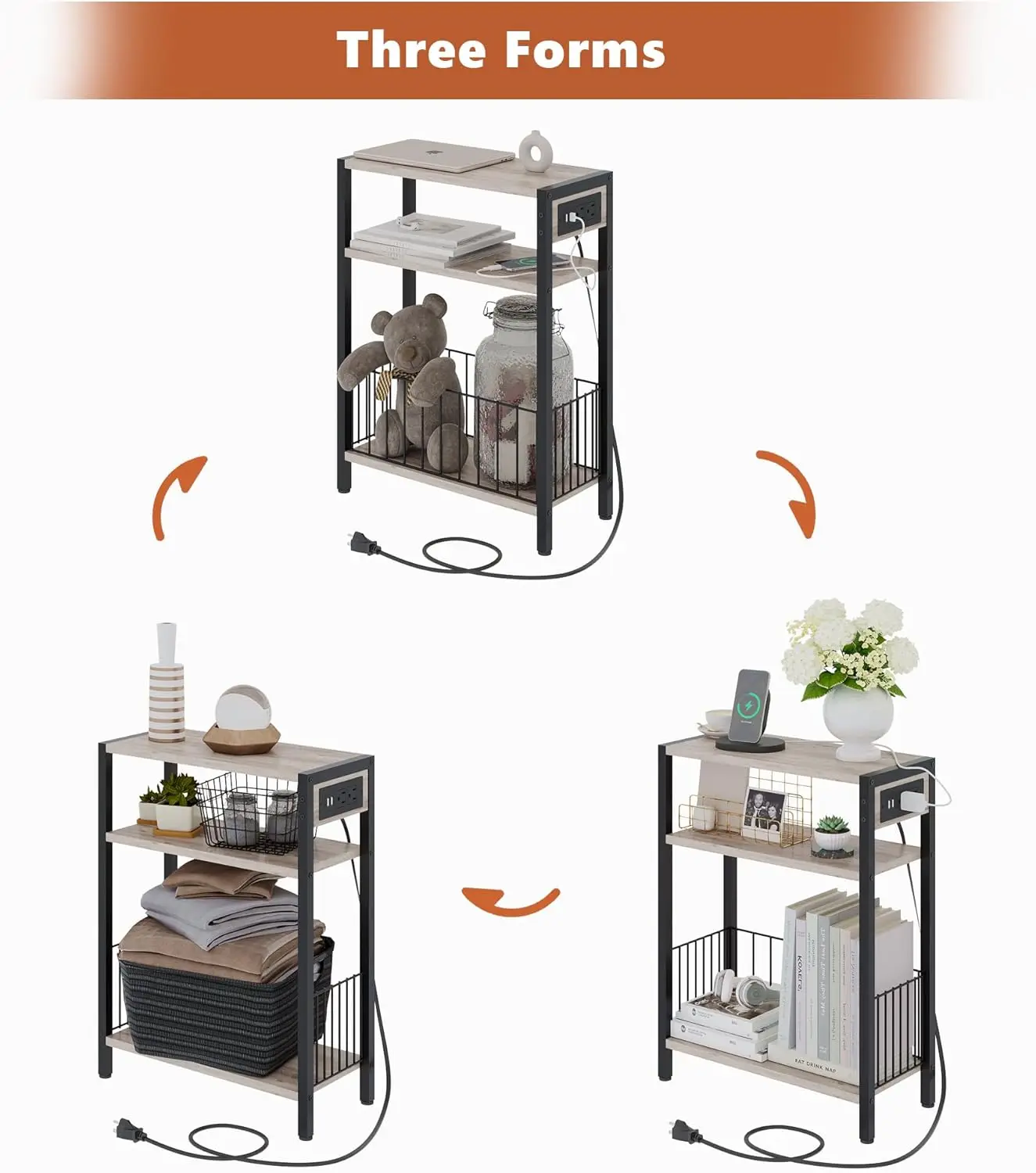 Narrow Side Table With Charging Station Set Of 2, Small End Table For Small Spaces, Slim Nightstand With Storage Basket, 3 Tier