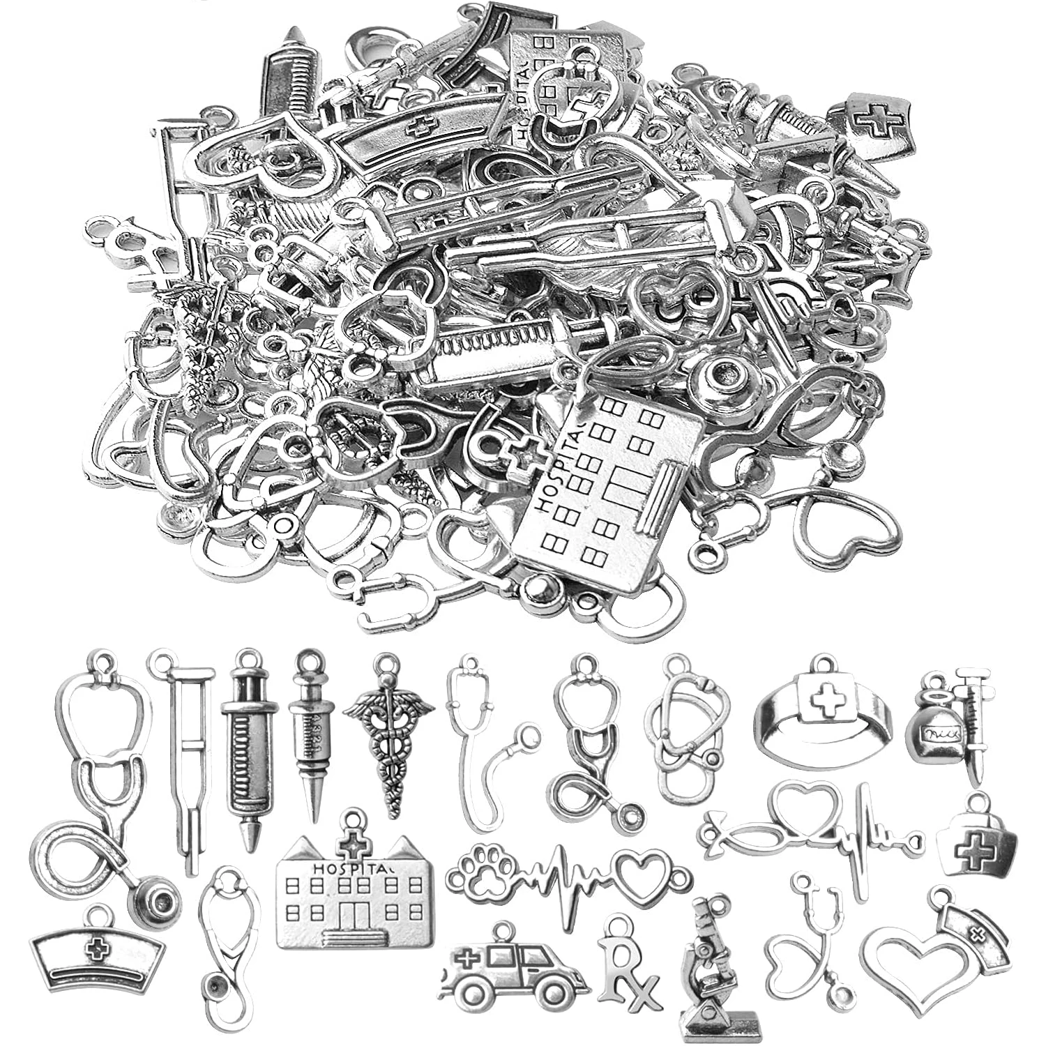 

100 г. Медицинские подвески из сплава: стетоскоп, шприц, шапочка медсестры, микроскоп — для браслетов и ожерелий