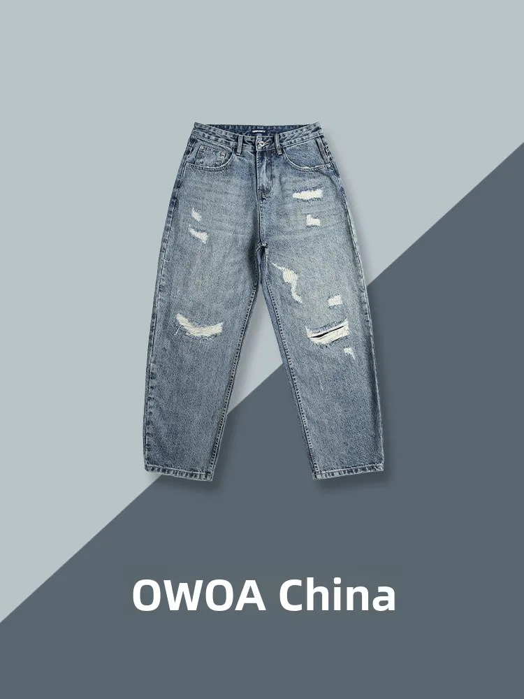 

OWOA американские джинсы с завышенной талией в стиле ретро, весна-лето, свободные повседневные прямые джинсы с конусом, дышащие молодежные трендовые джинсы с отрывными отверстиями