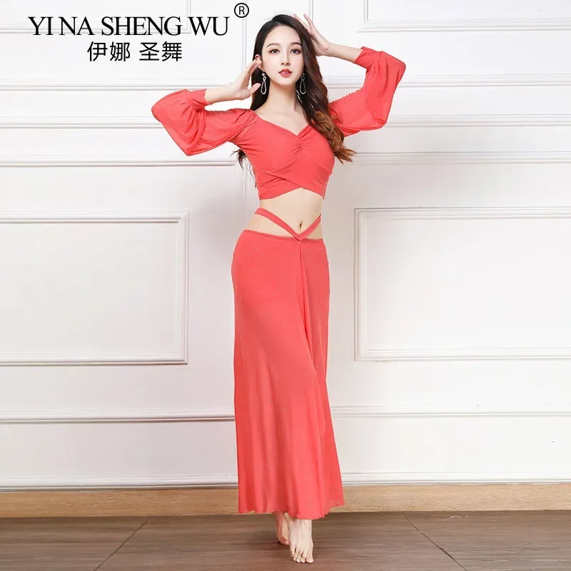 Belly Dance Costume Set Women 2pcs Black Top Gauze Skirt Oriental Practice Professional Performance Training Outfit