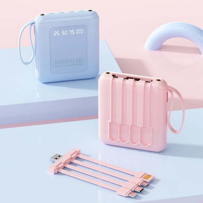 20000mAh Mini Power Bank With 4 Cable Dual Lights Mobile External Portable Battery Charger powerbank For iPhone Samsung Xiaomi