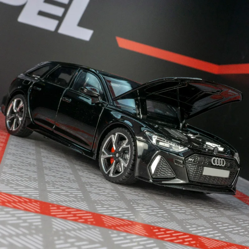 Modelo de carro de liga Audi RS6 de simulação 1:32, portas e capô do motor, porta-malas pode ser aberto, força de retorno, ornamentos de som e luz,