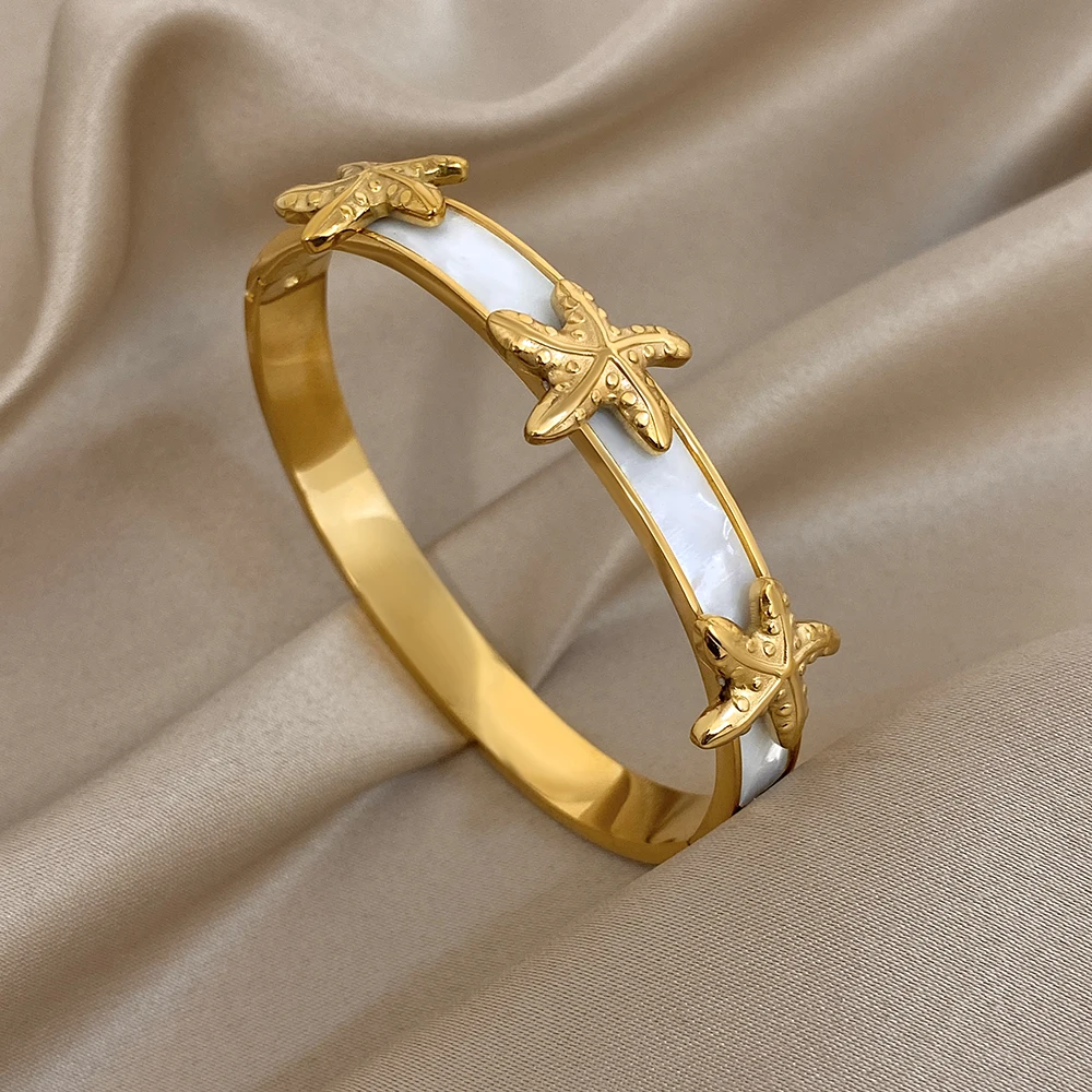 

Bohemian Starfish Stainless Steel Wide Bracelet Women Trendy Geometry Round Chunky Cuff Spring Bangle Waterproof Jewelry Gift