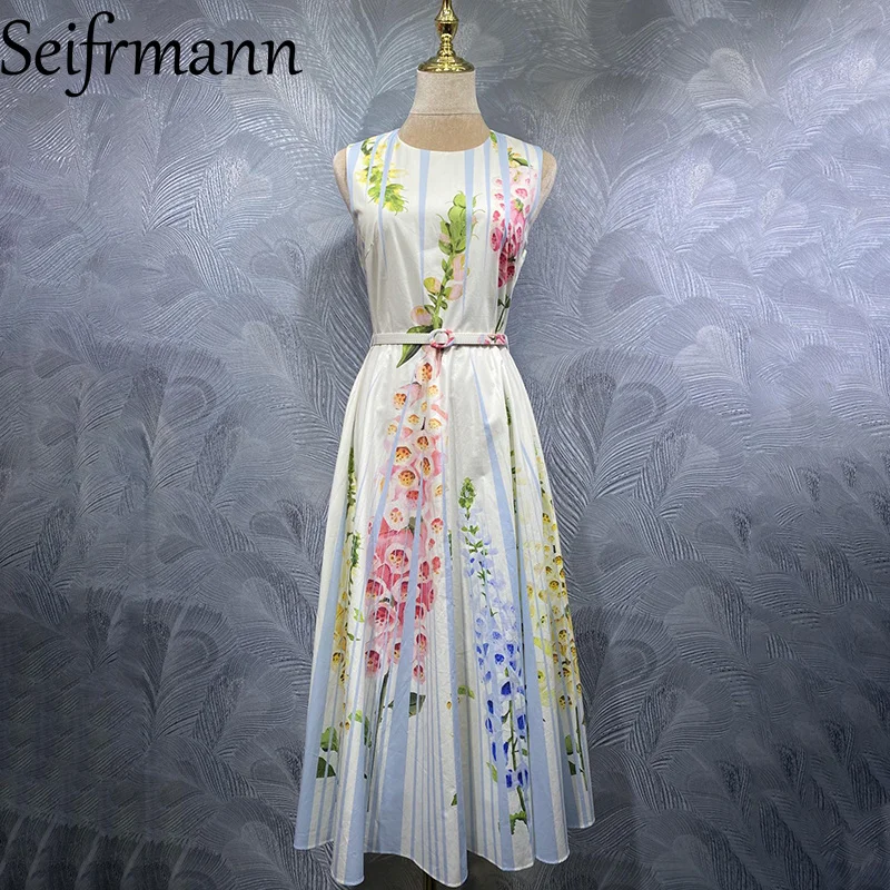 

Seifrmann 2026 Весеннее женское модное платье с круглым вырезом, без рукавов, из хлопка, с принтом и поясом на талии