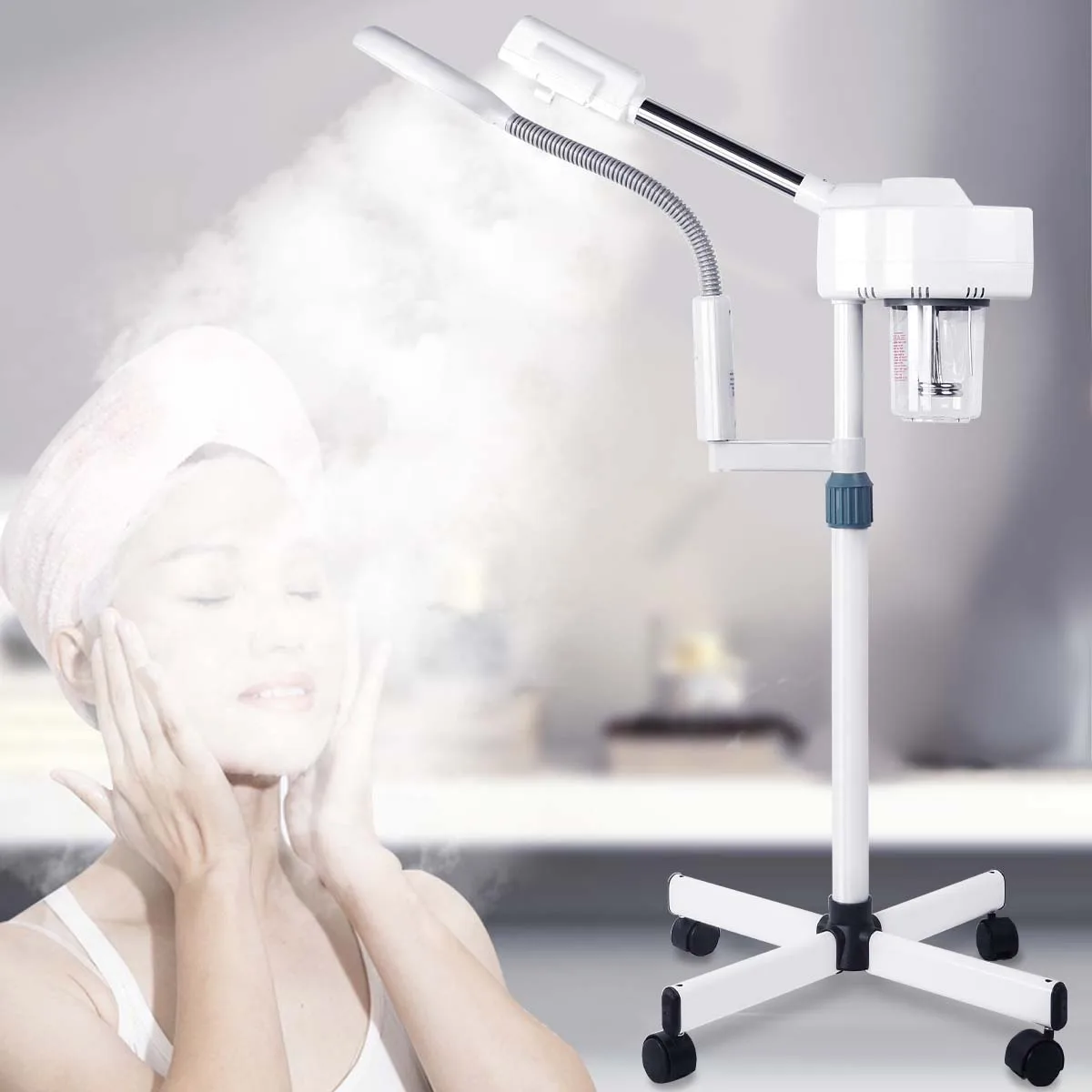 

2 in 1 Ozone Facial Steamer Humidifier Vaporizer Mist Steamer 5X LED Magnifying Floor Cold Photon Rejuvenation Lamp Hot Ozone