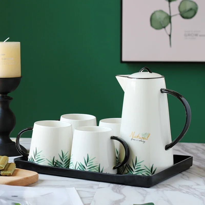 

Green Plants Ceramics Water Cup Tea Suit Five Piece Set Wooden Holder Plastic Square Tray Marbling Kettle