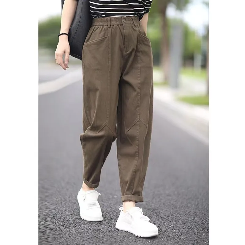 

New Arrival Spring Autumn Arts Style Women Elastic Waist Loose Ankle-length Pants Cotton Linen Solid Casual Harem Pants P329