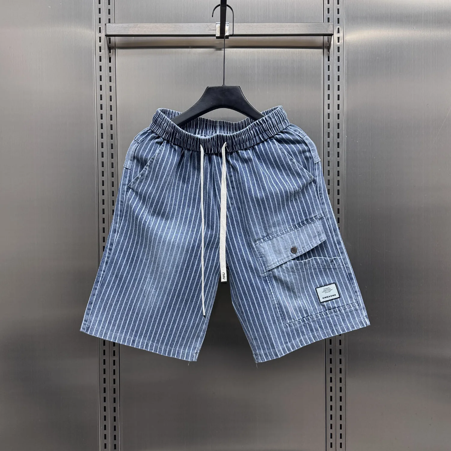 

Summer Thin American Casual Stripe Jeans orts Men Loose Beach Mid-Pants Elastic Waist Five-Point Pants Youth Trendy Wear Re...