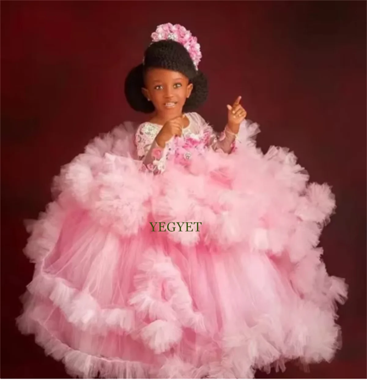 CustomizedPink 3D Flowers Ball Gown Kids Pageant Birthday Party Dress Ruffles Princess Long Sleeve Flower Girl Dress for Wedding