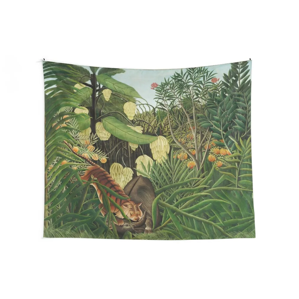 Henri Rousseau - The Jungle - Tiger Attacking A Buffalo Tapestry Wall Hanging Room Decorations Tapestry