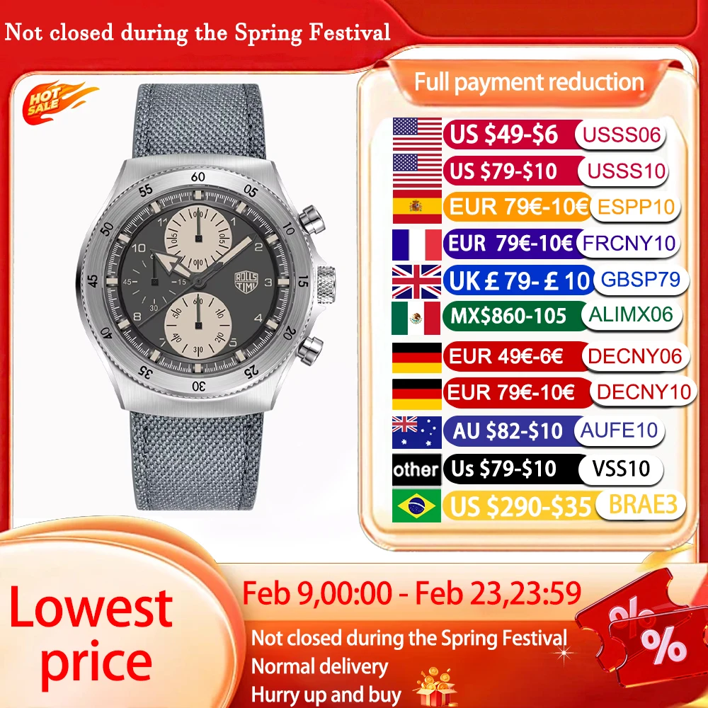 

Мужские часы 2026RollsTimi: модные нейлоновые кварцевые часы, спортивный хронограф, японский механизм, сапфировое стекло с AR-покрытием, подарочная коробка