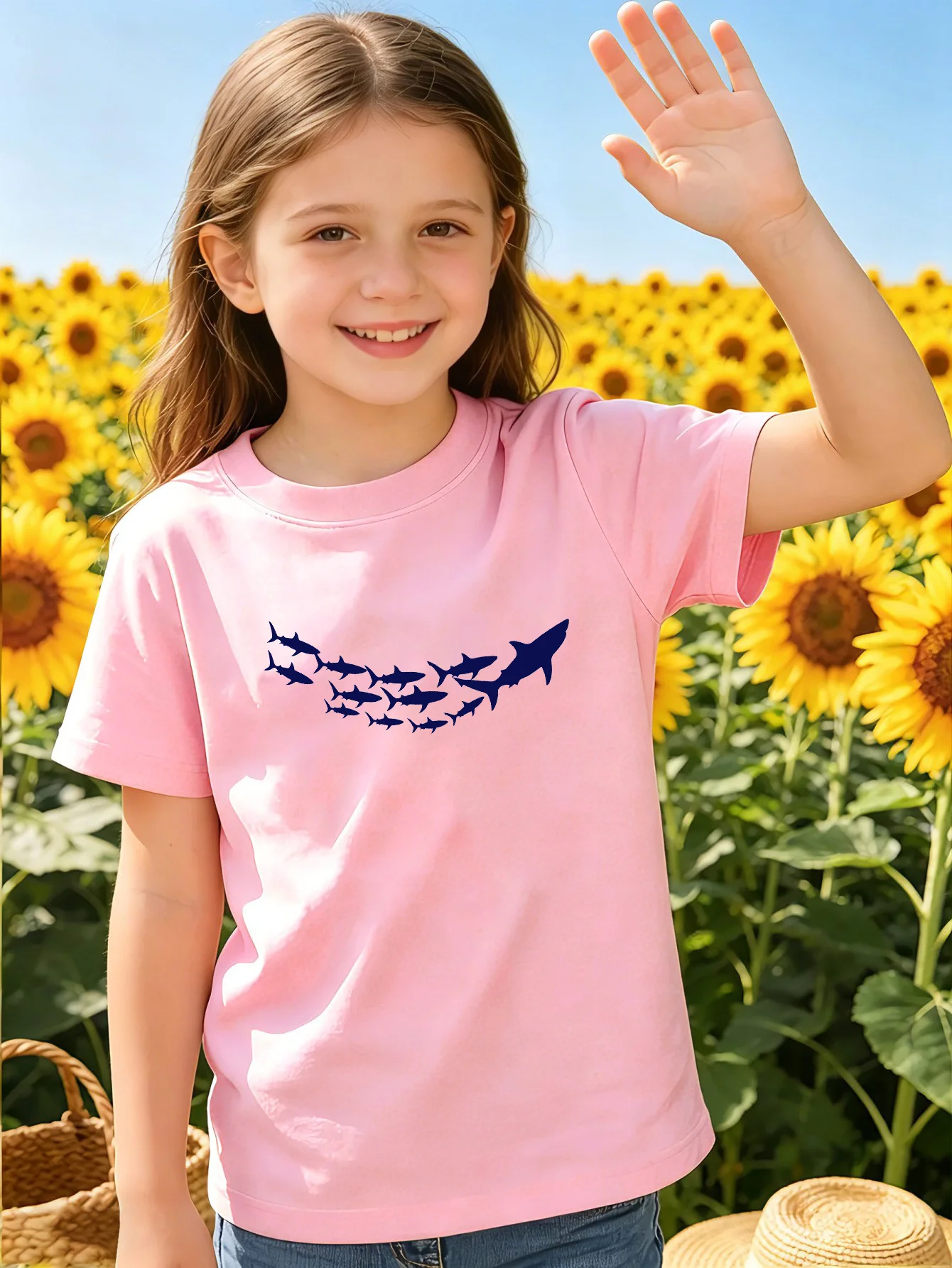 Cute Group Shark Silhouette Print Graphic Kids Tee Boys Girls Family Matching Cotton Crew Neck Short Sleeve Soft Summer Tee