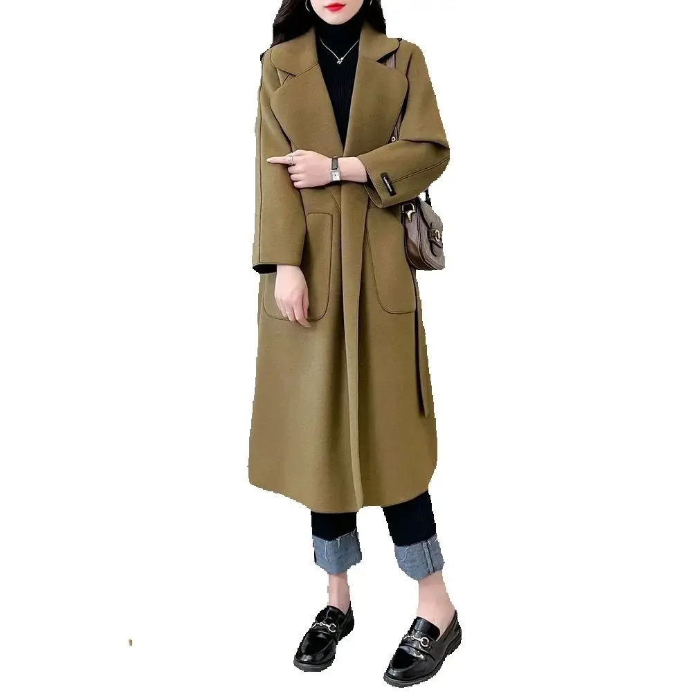 Nautumn And Winter The New Double-faced Woolen Coat With Female Lace-up Long Korean Version Of Loose And Fashionable Slim Coat.