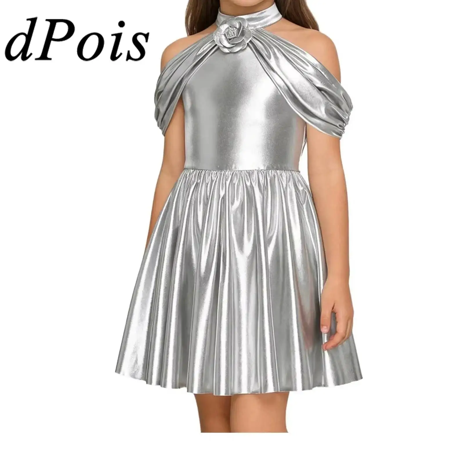 

Kids Girls Street Jazz Dance Party Costume Disco Outfits Metallic Shiny Dress Childs Cold Shoulder Prom Dress Performance Dress