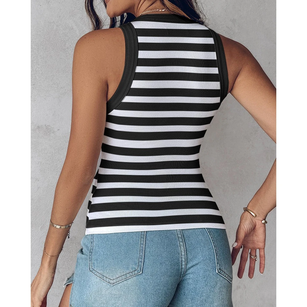 Summer Autumn Fashion Striped Round Neck Built-in Bra Ribbed Tank Top Sleeveless Top Sexy Outwear Korean Style