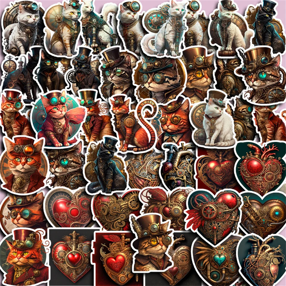 50pcs Vintage Steampunk Cat Stickers Pack Stationery Phone Suitcase Guitar Scrapbook DIY Sticker Handmade Journal Accessories