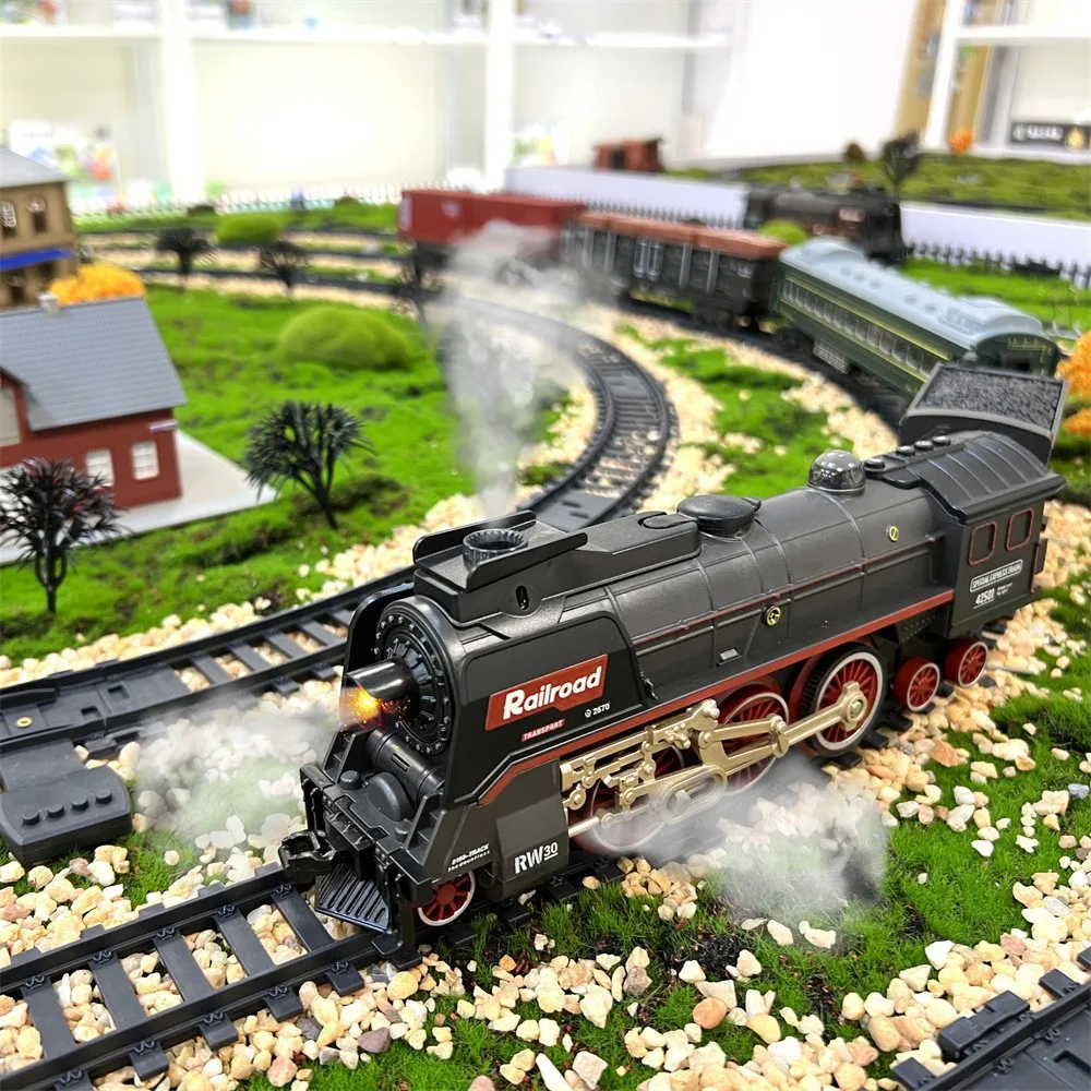 Remote Control Railway Train Electric Train Track Retro Steam puzzle Toy With Lights & Sounds  Kids Christmas Gift