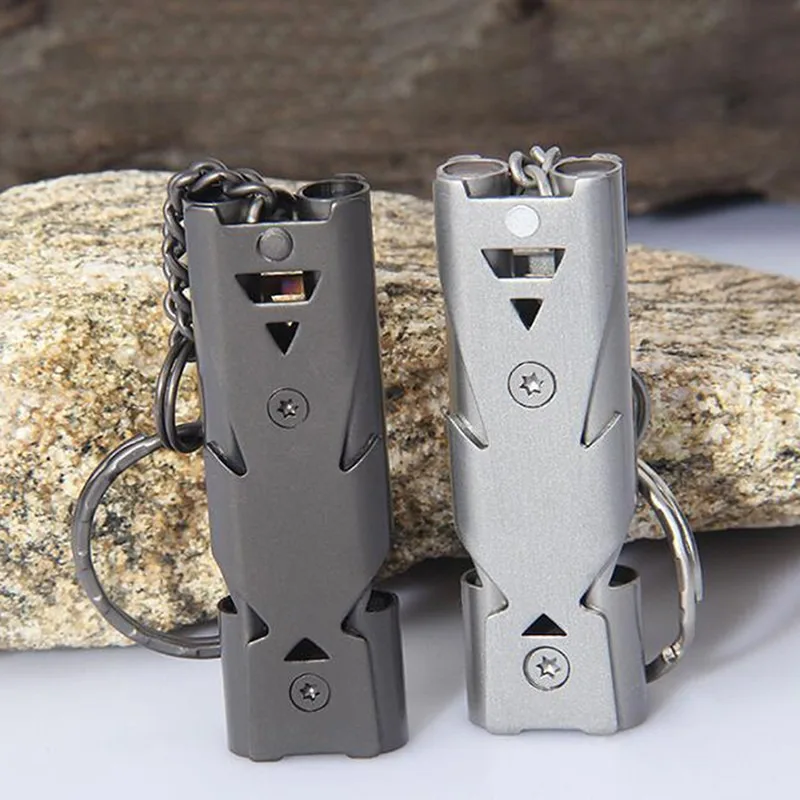 Outdoors High Decibel Portable Keychain Whistle Stainless Steel Double Pipe Emergency Survival Whistle Multifunction Tools