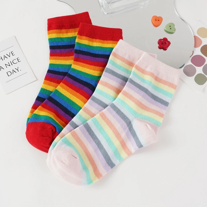 Children's Rainbow Socks For Middle School Girls Playful Cute Soft Casual Socks New Retro Harajuku Style Colorful Striped Socks