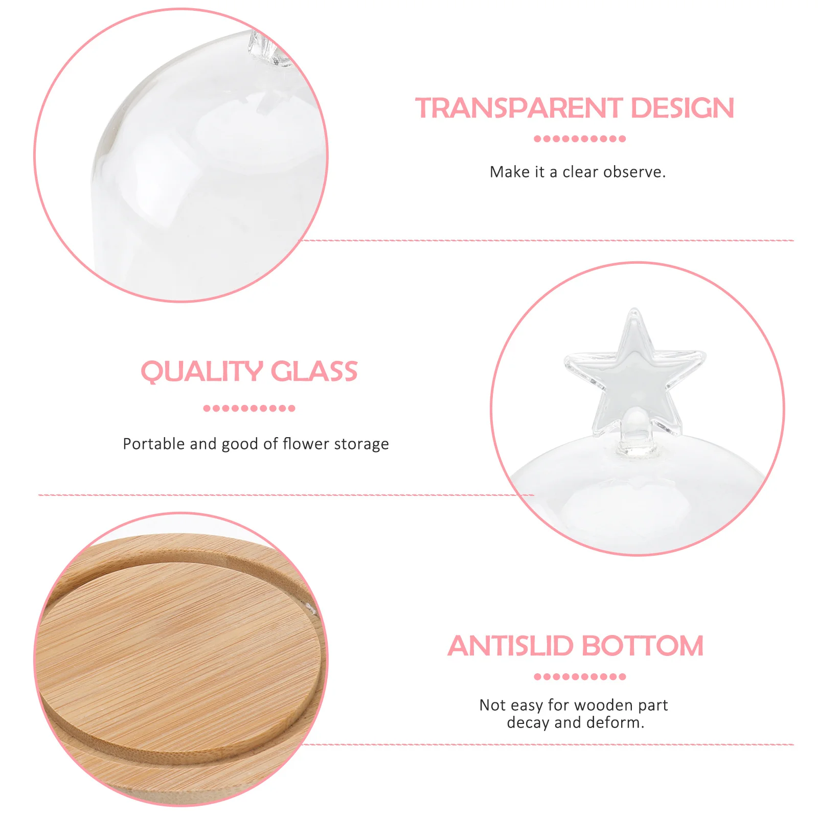 

Dried Flower Display Glass Cover Preserved Flower Dome Transparent Craft Case Wooden Base Five-Pointed Star Design for DIY Home