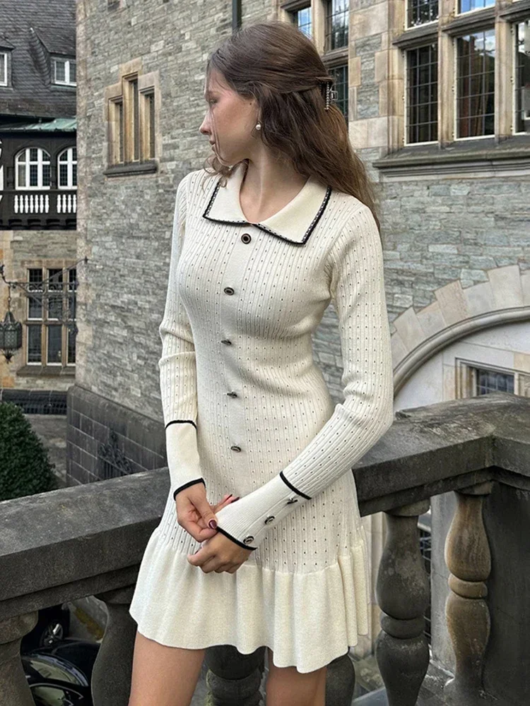 Trendix Knit Vintage Dress Women Autumn Long Sleeve High Waist Elasticity Ruffle Midi Dresses Lapel Button Elegant Evening Dress