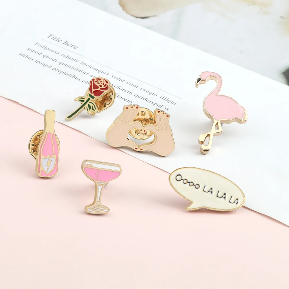 Flamingo Wine Bottle Cup Rose Flower Heart Shape Cartoon Brooch Pins Collar Bag Jackets Enamel Brooches Jewelry For Women Girl