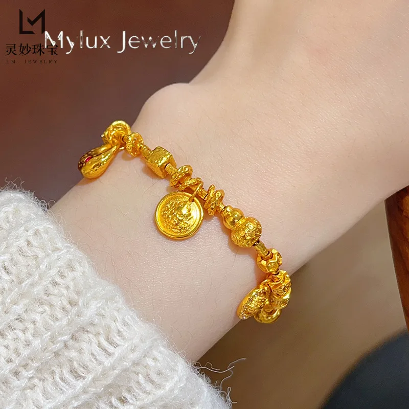 Mylux Jewelry New Chinese ancient style 24K real gold shiny hammer pattern Fat Fortune  God 9999 bracelet Ruyi gourd small plane
