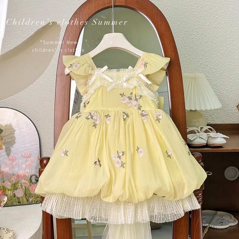 Summer Handmade Children's Embroidered Princess Dress Backless Bow Sweet Dress Flower Girls Dress Christmas Clothes