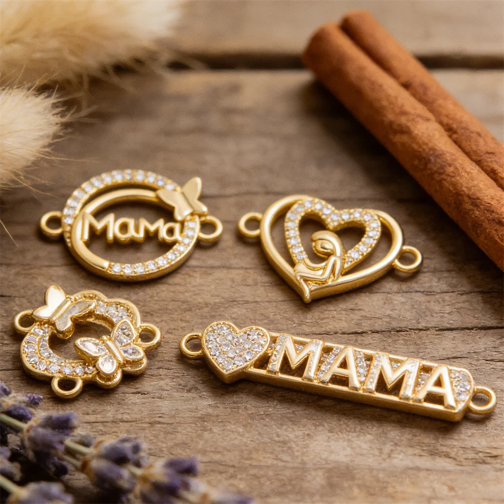 

2Pcs Link Connectors Brass Zircon MAMA Letter Heart Butterfly Round Hollow Charms for Diy Jewelry Necklace Bracelet Accessories