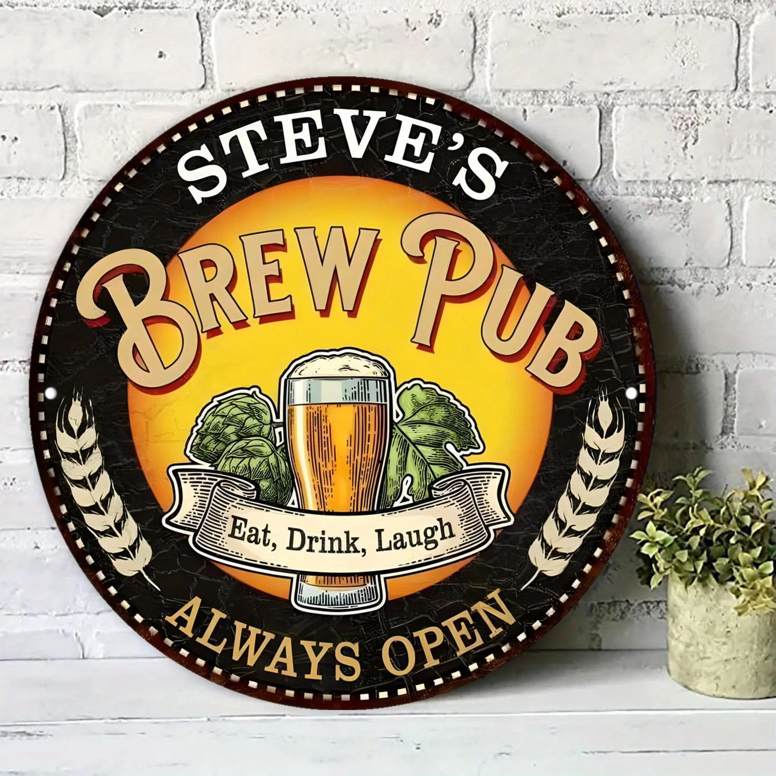 2D Flaches Metallschild im Vintage-Stil von Steve's Brew Pub – Runde Aluminium-Wanddekoration mit „Eat, Drink, Laugh“-Design, perfekt für Bars