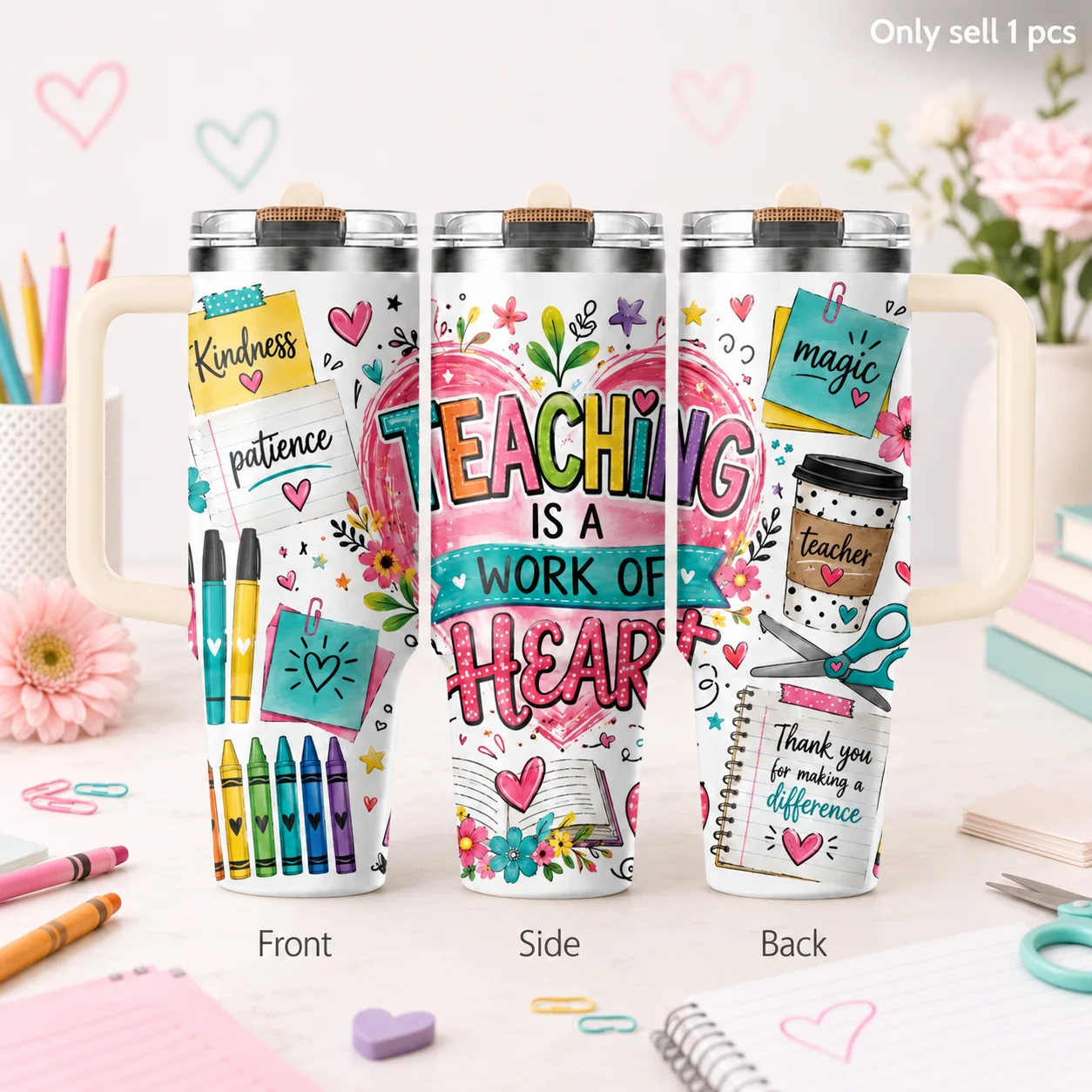 Teaching Is A Work Of Heart Vacuum Flasks 40oz 3rd Gen Vacuum Insulated Stainless Steel Tumbler Cup With Handle Straw Lid