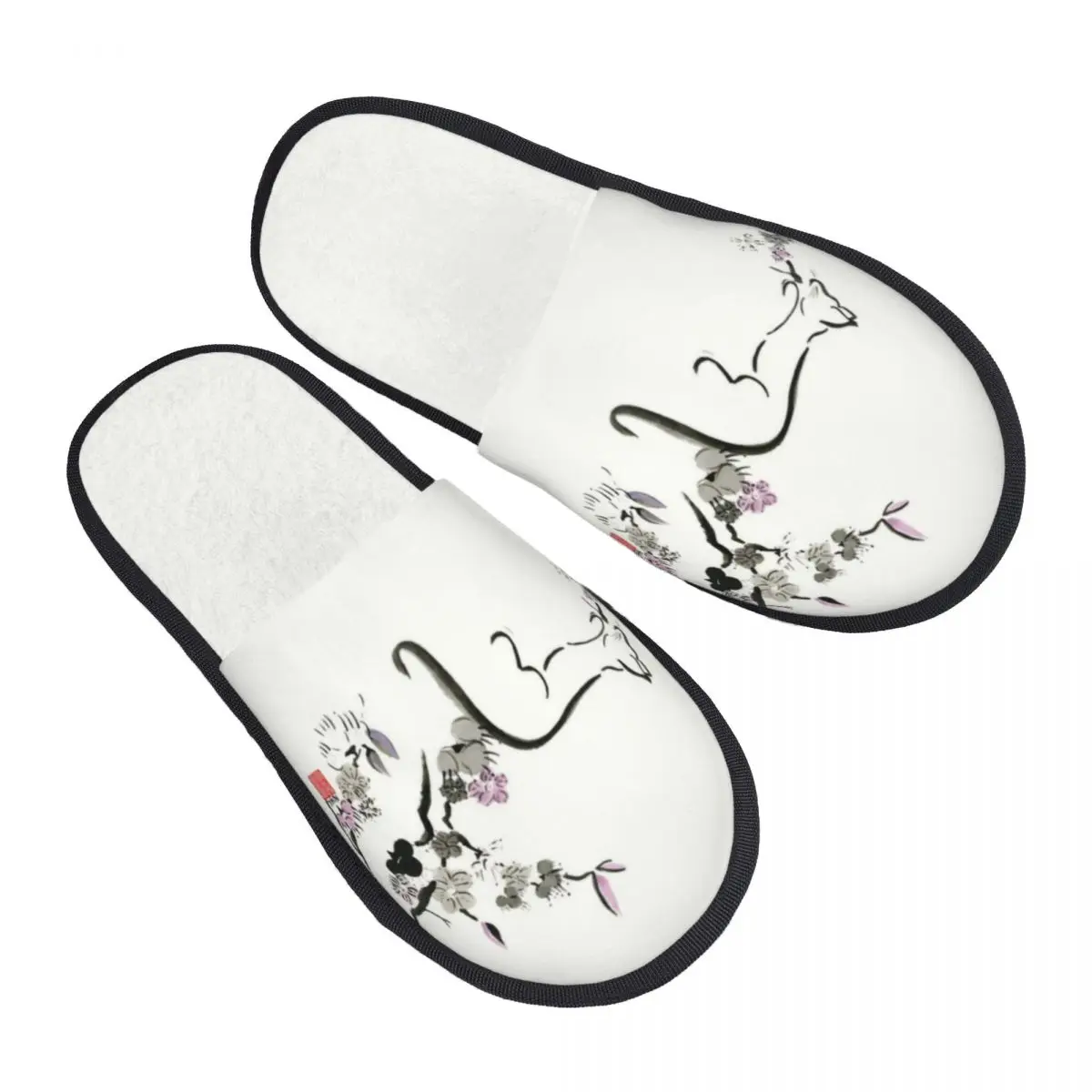 Custom Cat In Cherry Blossom Tree Soft Scuff With Memory Foam Slippers Women Kitten Bedroom House Shoes