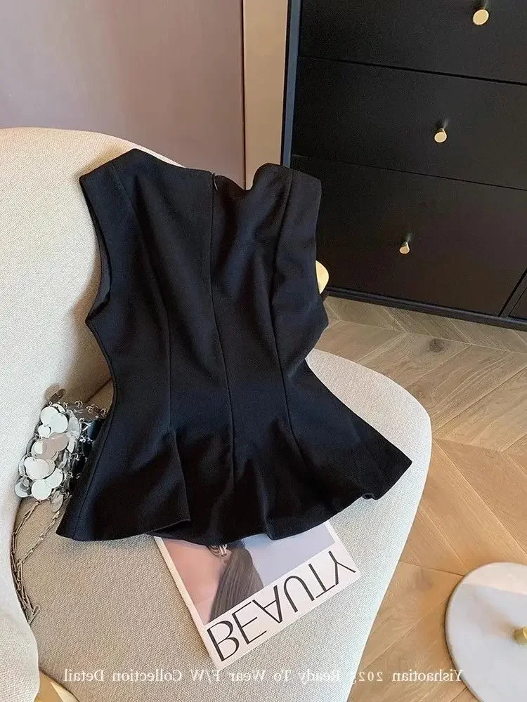 Chaleco negro elegante con lentejuelas y flores en 3d para Mujer Y2k, Top negro con cintura ajustada y cuello redondo, novedad de verano 2025, Tops sin mangas para Mujer