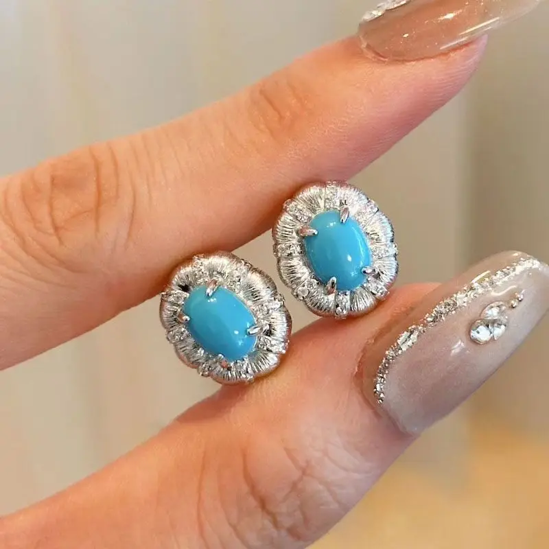 

silver 925 light luxury High quality turquoise earrings for women fashion oval wire drawing blue earings stud wedding jewelry