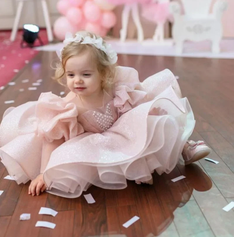 Bloemenmeisje Jurken Roze Tutu Outfit Kind Glitter Gezwollen Tule Jurken Vestidos Para Niñas Eerste Jurk Peuter Verjaardag Jurk