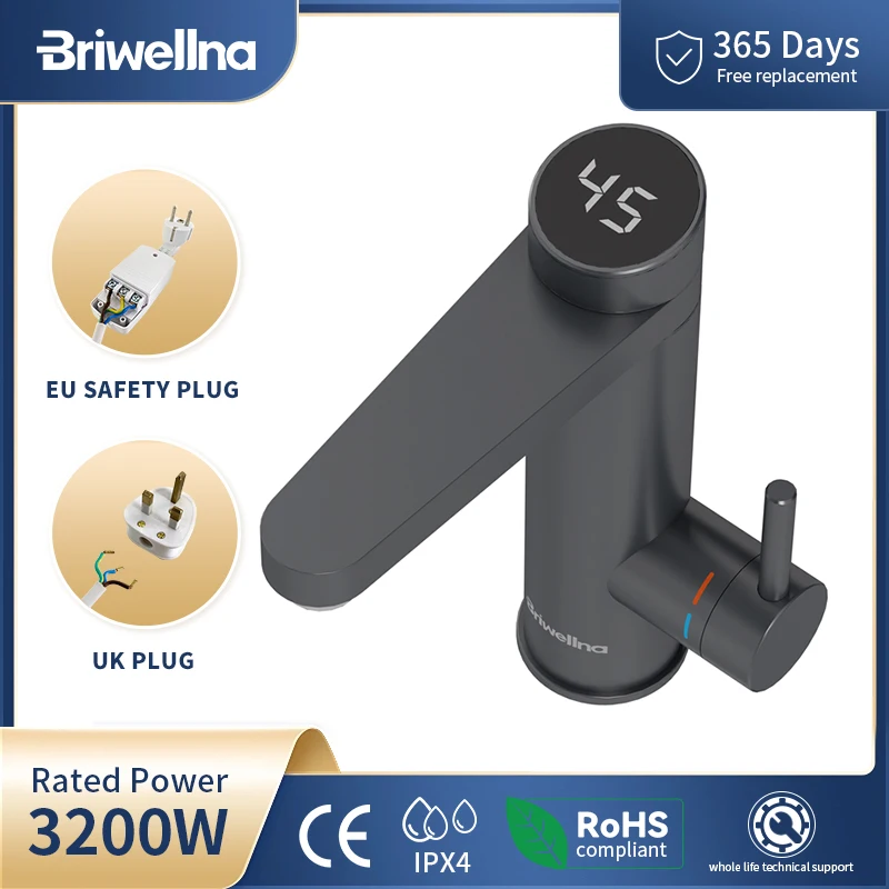 Briwellna Stainless Steel Electric Faucet With Digital Display 220V Instant Hot Water Tap Faucet 120° Swivel Spout Heating Tap
