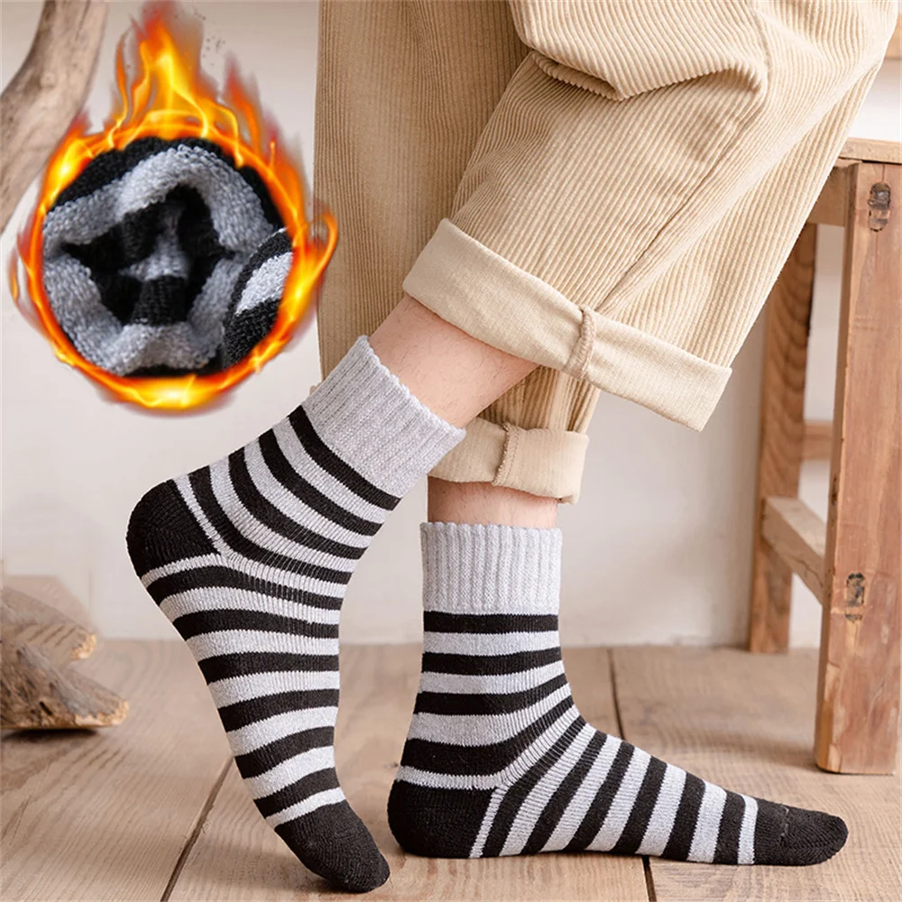 Men Winter Warm Socks Plush Thick Wool Socks Against Cold Snow Terry Socks Women Retro Striped Mid Length Socks Floor Snow Socks