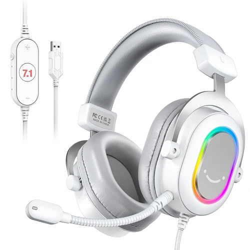 Imagen 1 del producto FIFINE RGB Auriculares para juegos con sonido envolvente 7,1/3-EQ/MIC, auriculares supraaurales con control en línea para PC PS4 PS5 Ampligame-H6W