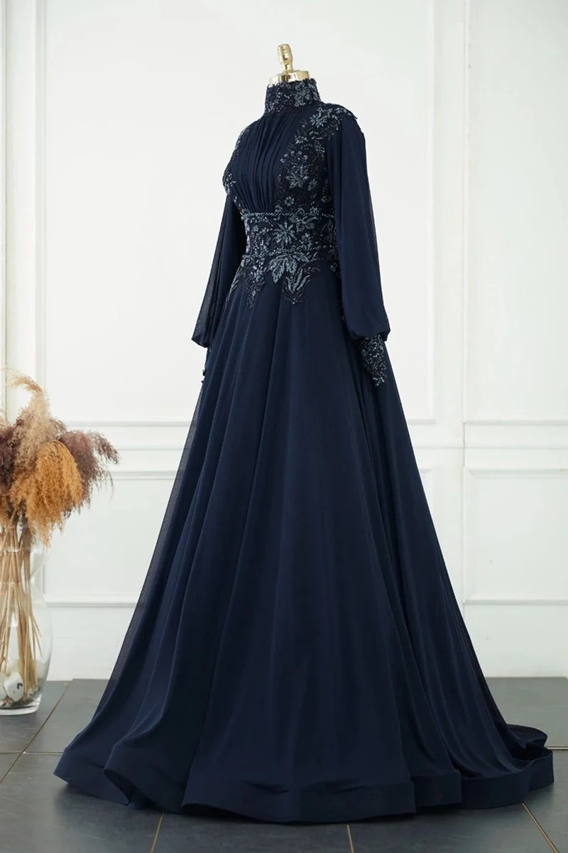 Abiti da sera musulmani a maniche lunghe in chiffon blu navy Caftano marocchino Appliques Hijab Abito da festa formale Collo alto Robe De Soiree